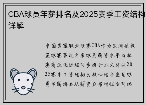 CBA球员年薪排名及2025赛季工资结构详解